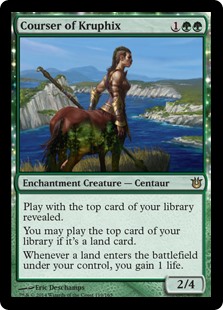 Courser of Kruphix
 Play with the top card of your library revealed.
You may play lands from the top of your library.
Whenever a land enters the battlefield under your control, you gain 1 life.